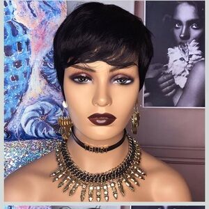 #18 Pixie Cut Wig Natural Straight Short Layered Cut Human hair Black 4 Inch